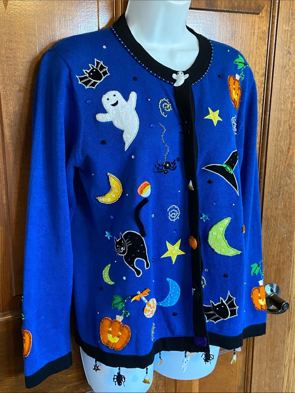 Jack B Quick Halloween Cardigan features Charms Beads patches Size Small - Picture 2 of 15